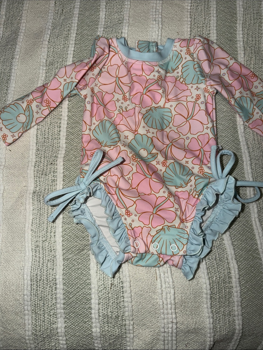 Ruffle Butts Pink & Light Blue Floral Ruffle One-Piece